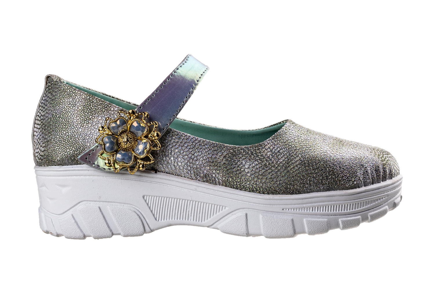 Titas Silver / Green Girls Shoe